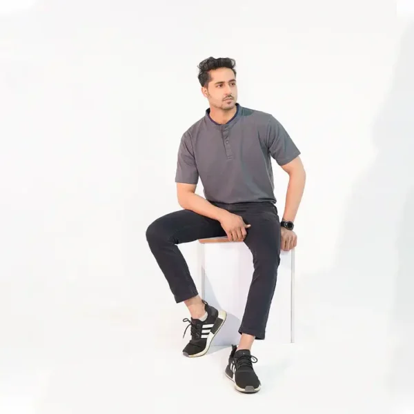 Ban Collar Polo Shirt- Grey