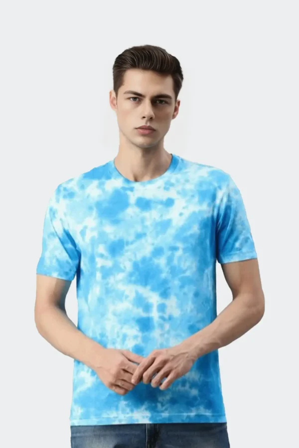Tie And Dye Short Sleeve Crew Neck T-shirt- Light Blue