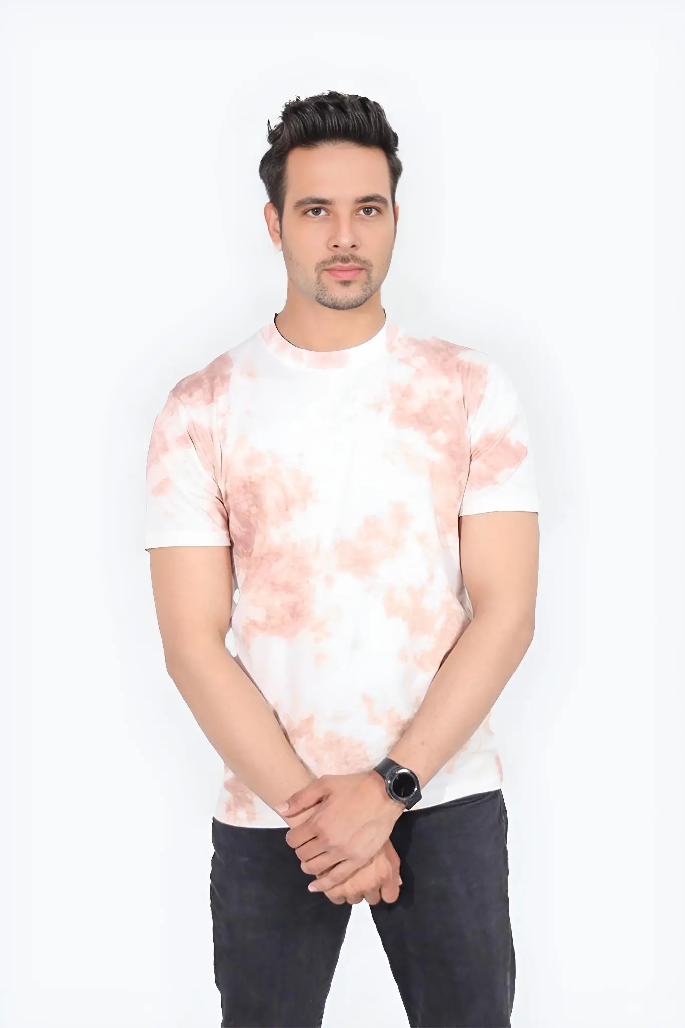 Tie And Dye Short Sleeve Crew Neck T-shirt-Beige