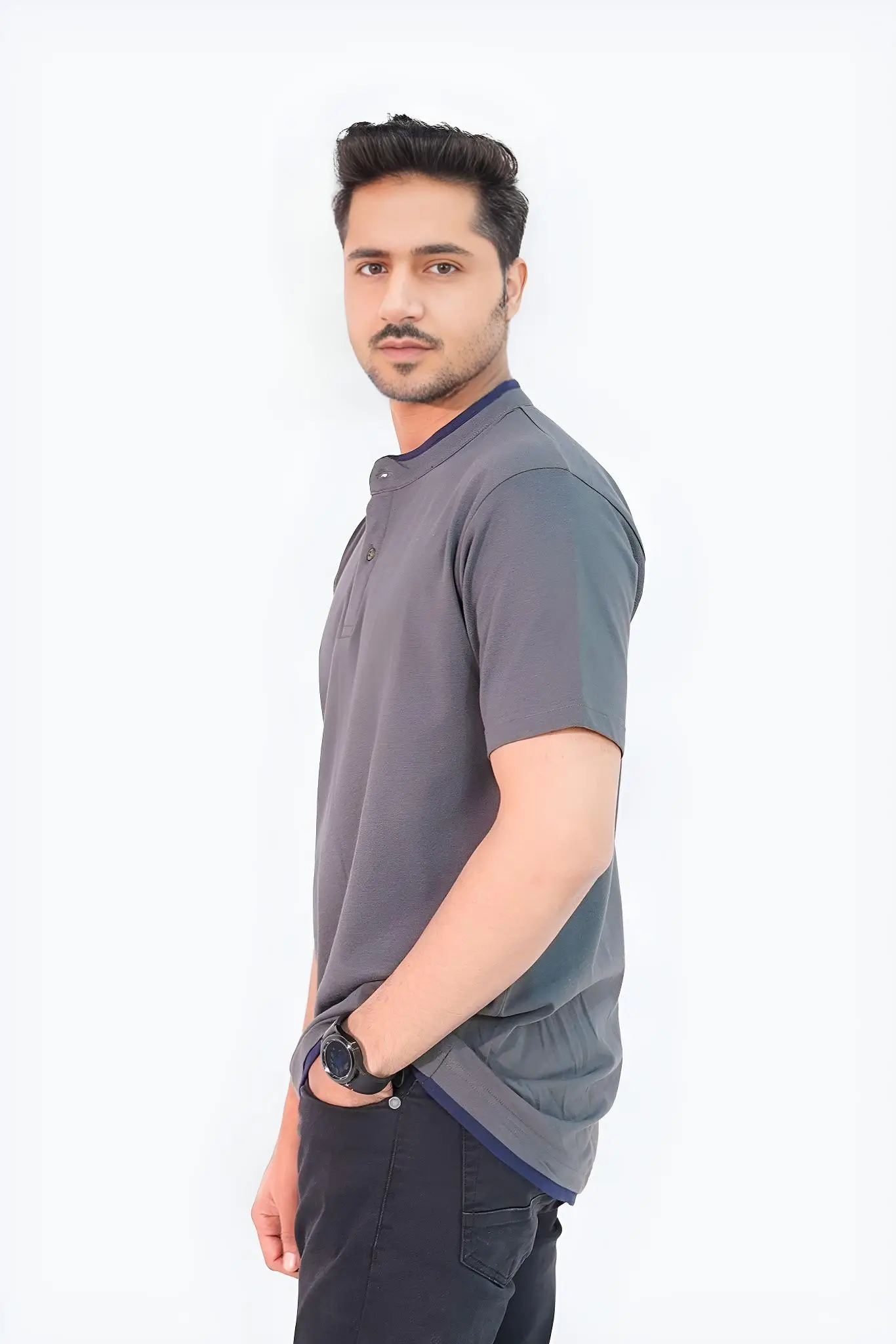 Ban Collar Polo Shirt- Grey