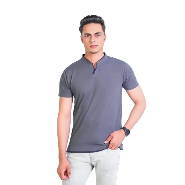 Ban Collar Short Sleeve Polo Shirt-H-Grey