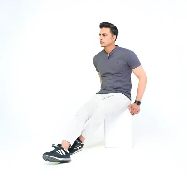 Ban Collar Short Sleeve Polo Shirt-H-Grey