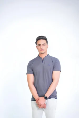 Ban Collar Short Sleeve Polo Shirt-H-Grey