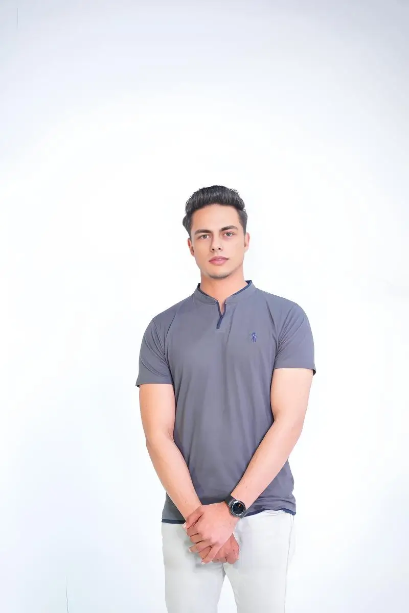 Ban Collar Short Sleeve Polo Shirt-H-Grey