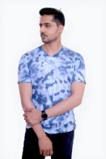 Tie And Dye Short Sleeve V Neck T-shirt- Sky Blue