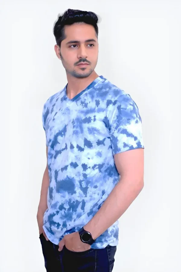 Tie And Dye Short Sleeve V Neck T-shirt- Sky Blue