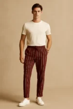 Men's Cotton Trouser- Maroon with vertical lines