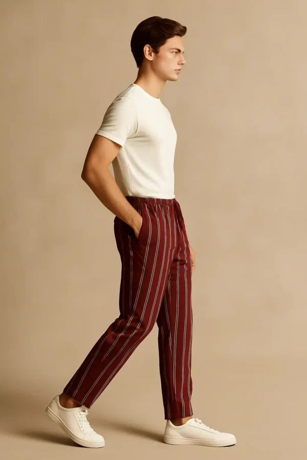 Men's Cotton Trouser- Maroon with vertical lines