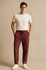 Men's Cotton Trouser- Maroon with vertical lines