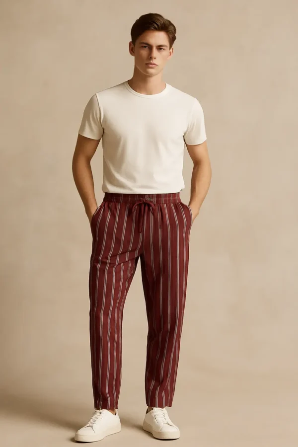Men's Cotton Trouser- Maroon with vertical lines