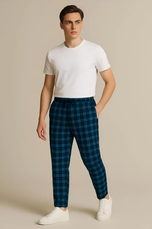 Men's Cotton Check Trouser- Blue