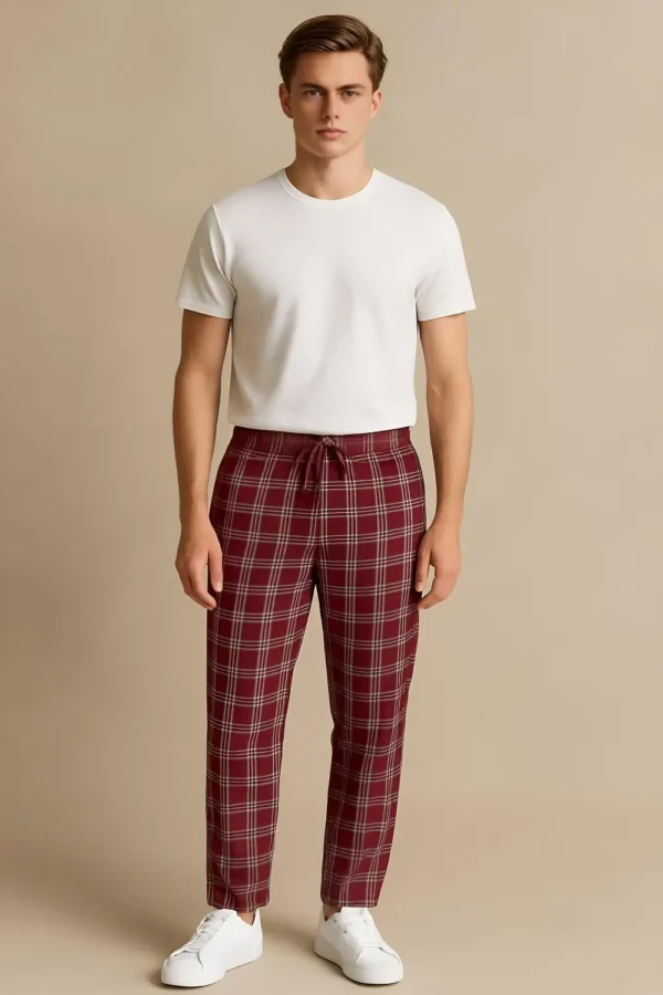 Men's Cotton Check Trouser- Maroon
