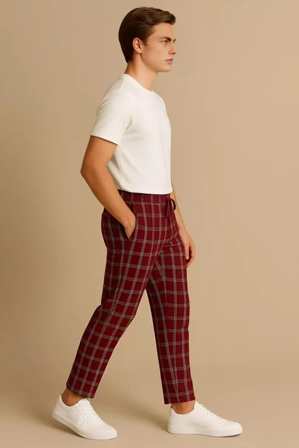 Men's Cotton Check Trouser- Maroon