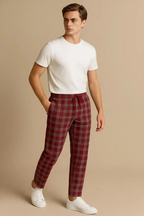 Men's Cotton Check Trouser- Maroon
